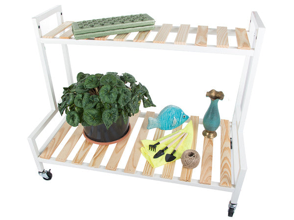 Medinis gėlynas vazoninėms gėlėms dviejų aukštų lentyna ant ratų terasa, Baltas, Szín, Fehér
