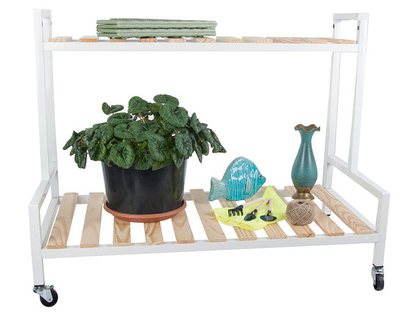 Medinis gėlynas vazoninėms gėlėms dviejų aukštų lentyna ant ratų terasa, Baltas, Szín, Fehér