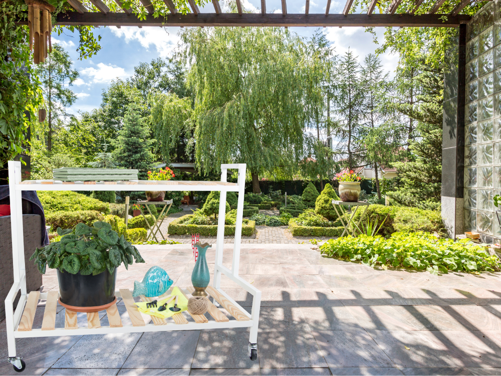 Medinis gėlynas vazoninėms gėlėms dviejų aukštų lentyna ant ratų terasa, Baltas, Szín, Fehér