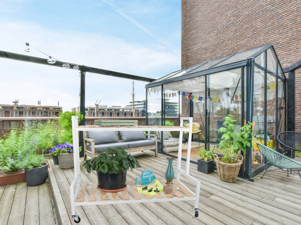 Medinis gėlynas vazoninėms gėlėms dviejų aukštų lentyna ant ratų terasa, Baltas, Szín, Fehér