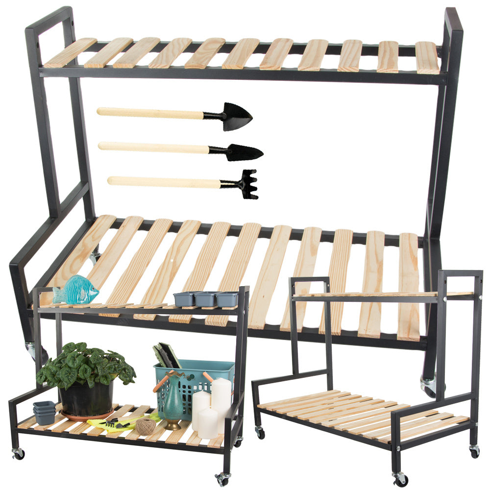 Medinis gėlynas vazoninėms gėlėms dviejų aukštų lentyna ant ratų terasa, Juoda, Szín, Fekete