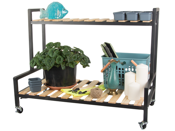 Medinis gėlynas vazoninėms gėlėms dviejų aukštų lentyna ant ratų terasa, Juoda, Szín, Fekete