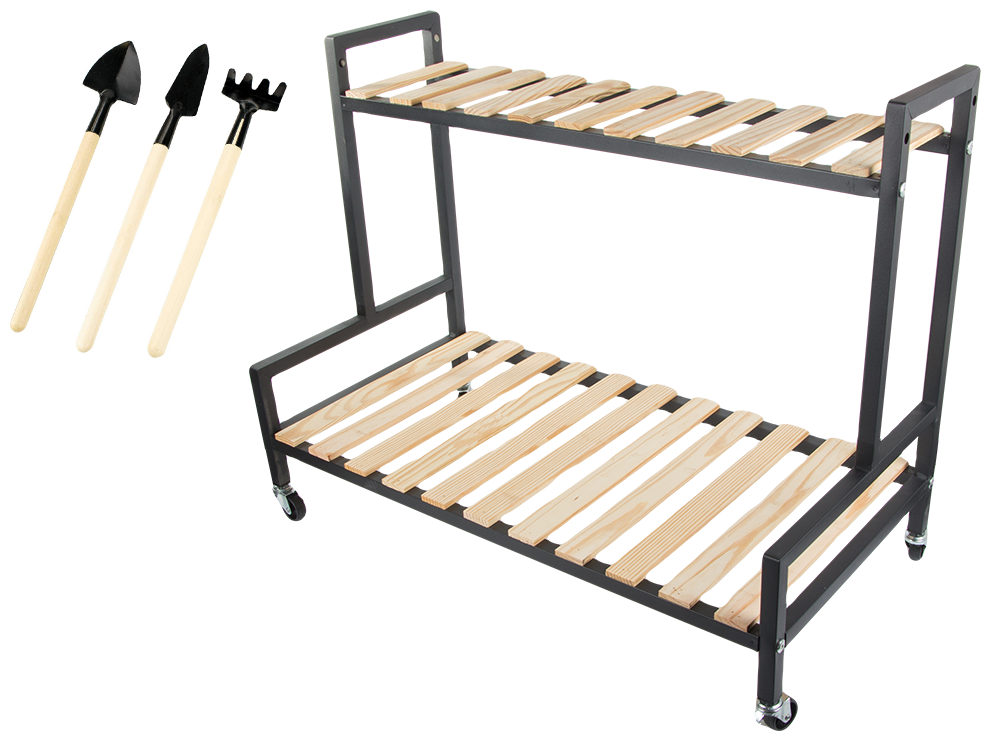 Medinis gėlynas vazoninėms gėlėms dviejų aukštų lentyna ant ratų terasa, Juoda, Szín, Fekete