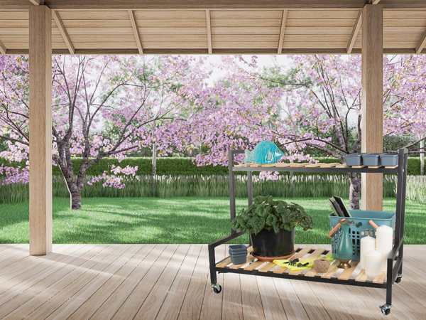 Medinis gėlynas vazoninėms gėlėms dviejų aukštų lentyna ant ratų terasa, Juoda, Szín, Fekete