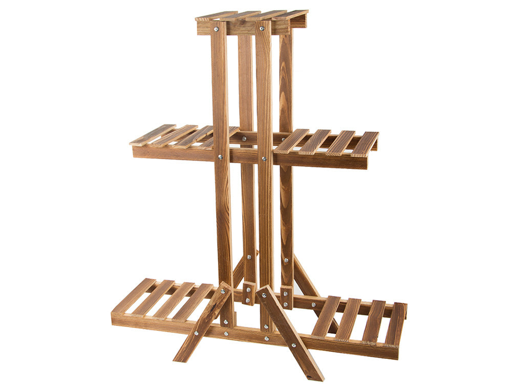 Trijų pakopų gėlių vazonų stovas mediniai gėlių vazonai