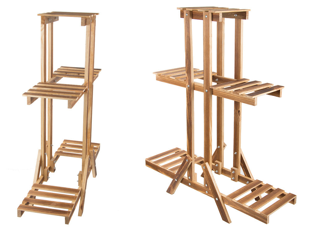 Trijų pakopų gėlių vazonų stovas mediniai gėlių vazonai