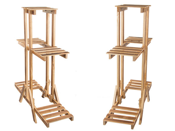 Trijų pakopų gėlių vazonų stovas mediniai gėlių vazonai