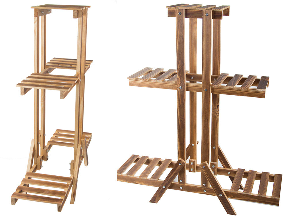 Trijų pakopų gėlių vazonų stovas mediniai gėlių vazonai