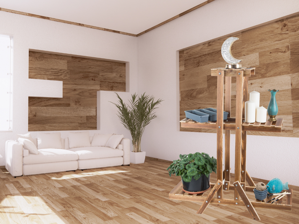 Trijų pakopų gėlių vazonų stovas mediniai gėlių vazonai