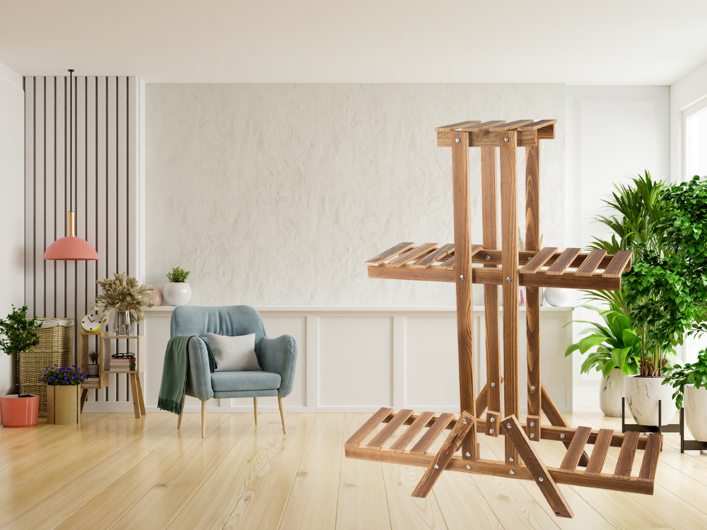 Trijų pakopų gėlių vazonų stovas mediniai gėlių vazonai