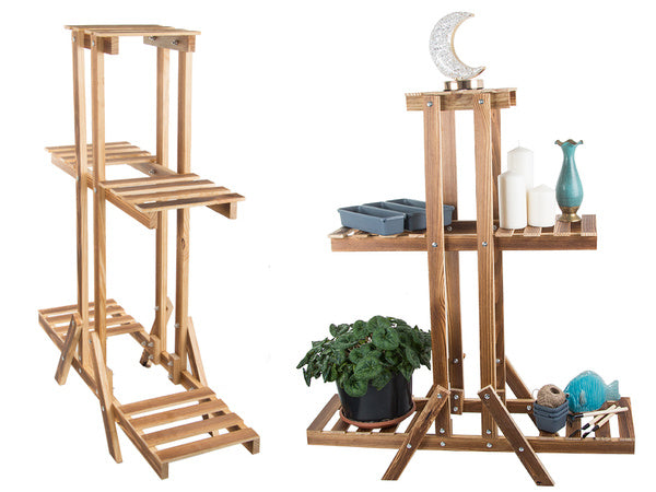 Trijų pakopų gėlių vazonų stovas mediniai gėlių vazonai