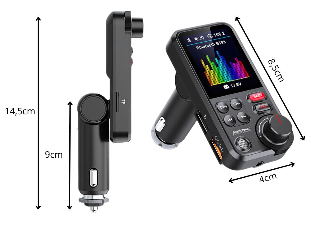 bluetooth siųstuvas 5.0 fm garsiakalbis usb qc tf bass lcd 12-24v