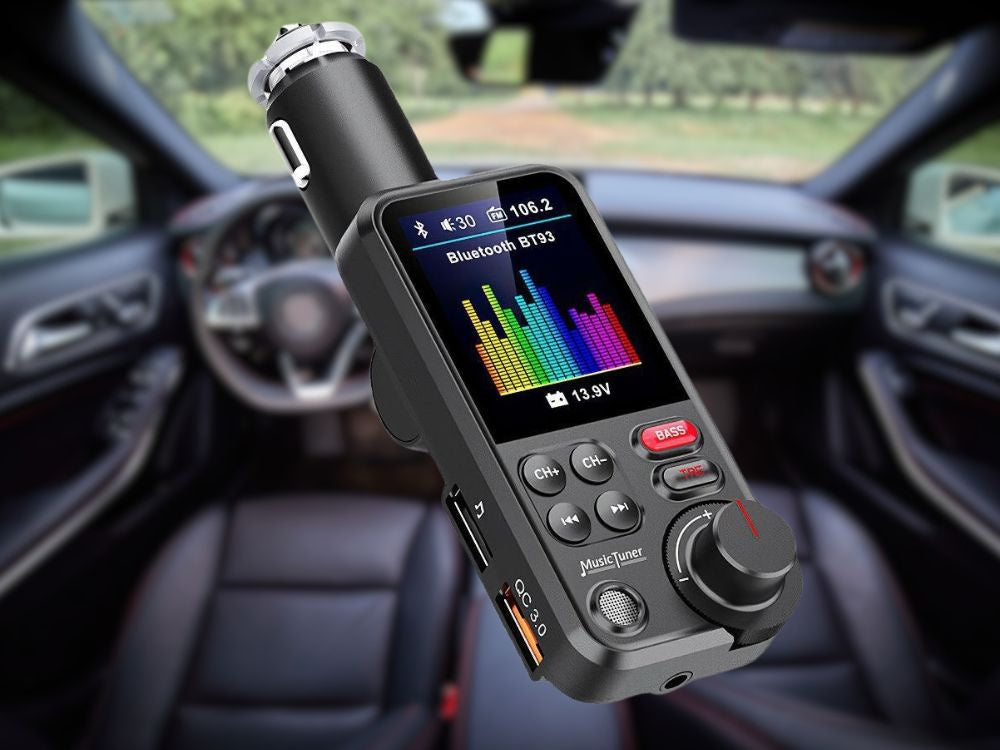 bluetooth siųstuvas 5.0 fm garsiakalbis usb qc tf bass lcd 12-24v