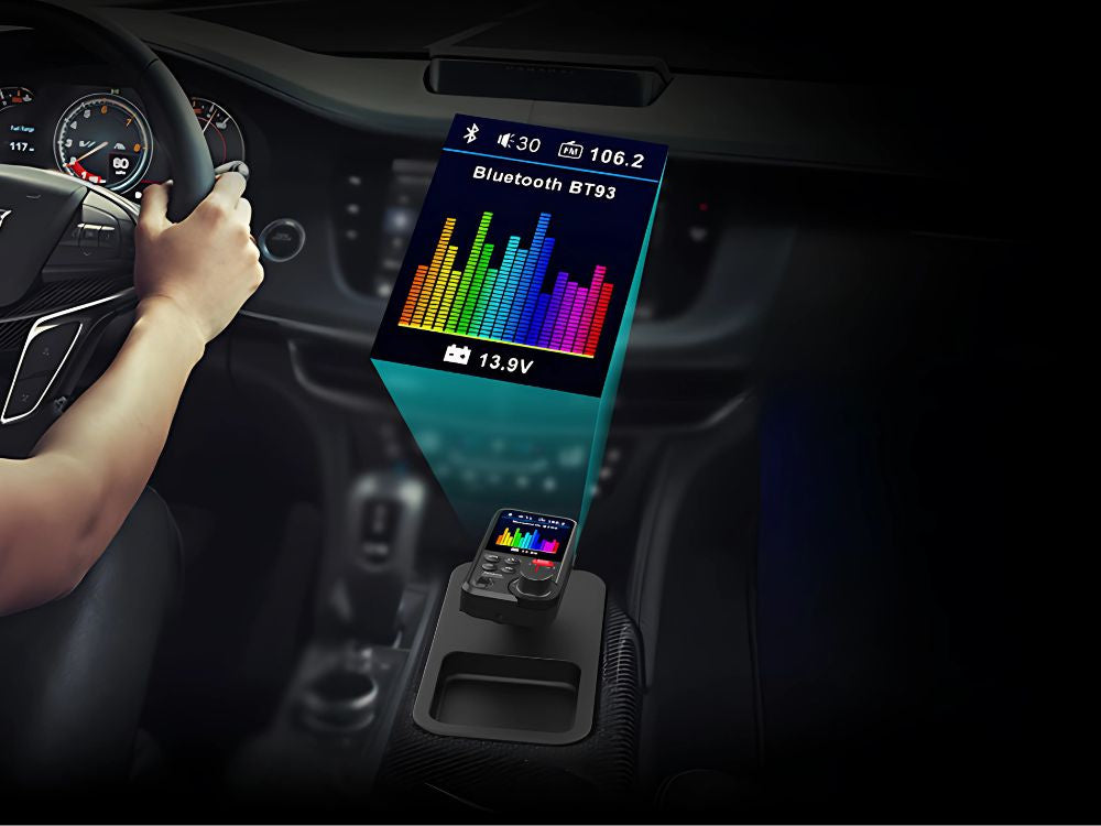 bluetooth siųstuvas 5.0 fm garsiakalbis usb qc tf bass lcd 12-24v