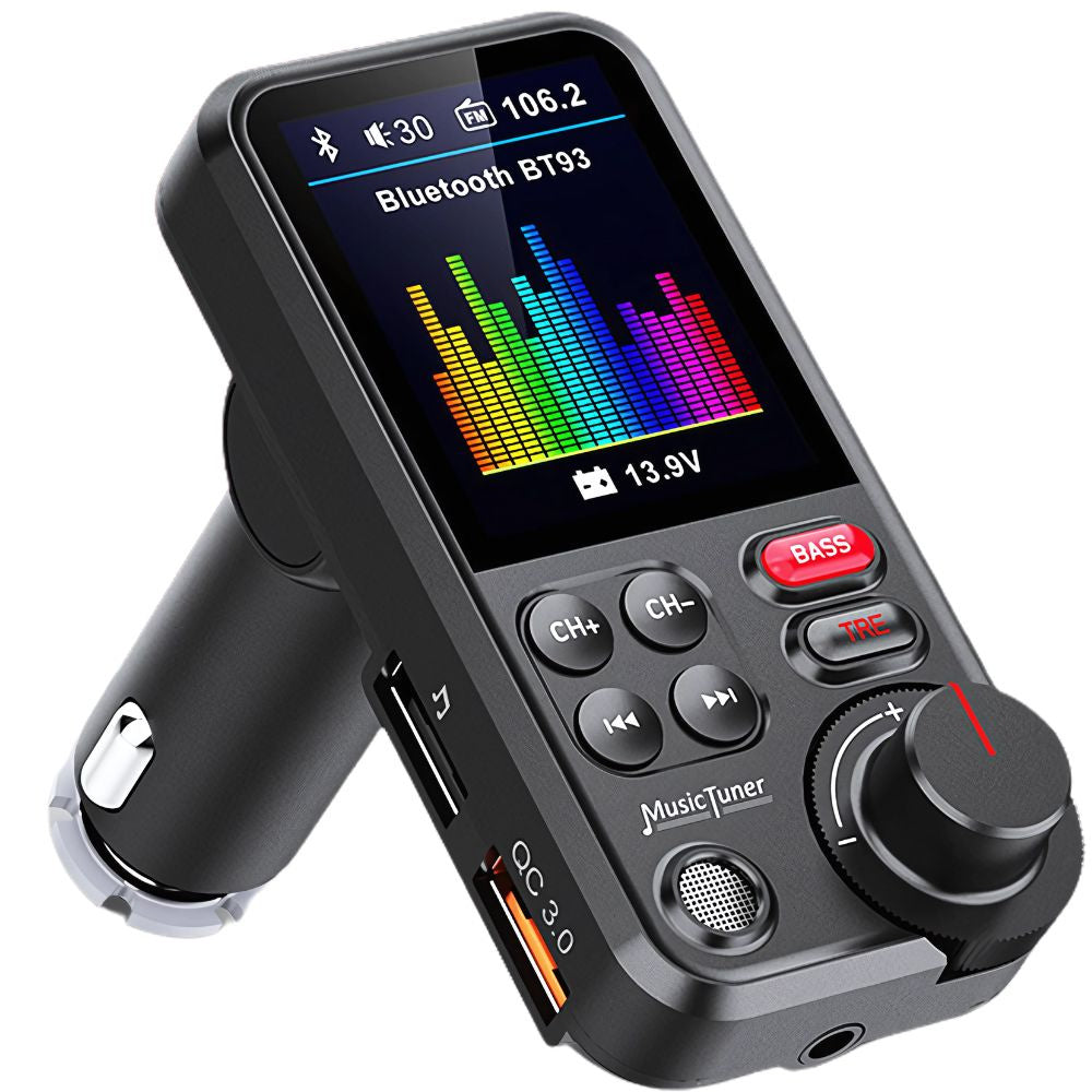 bluetooth siųstuvas 5.0 fm garsiakalbis usb qc tf bass lcd 12-24v