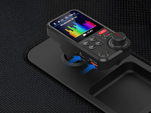 bluetooth siųstuvas 5.0 fm garsiakalbis usb qc tf bass lcd 12-24v