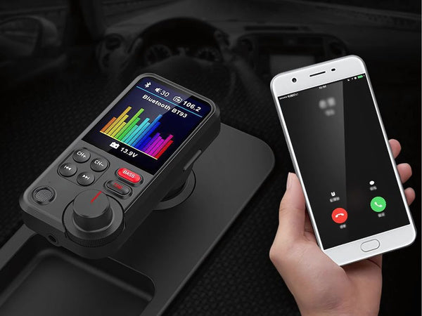 bluetooth siųstuvas 5.0 fm garsiakalbis usb qc tf bass lcd 12-24v