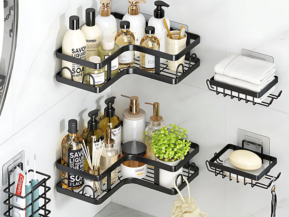 Vonios kambario komplektas 3 x vonios lentynos + 2 x pakabinamos vonios kambario lentynėlės