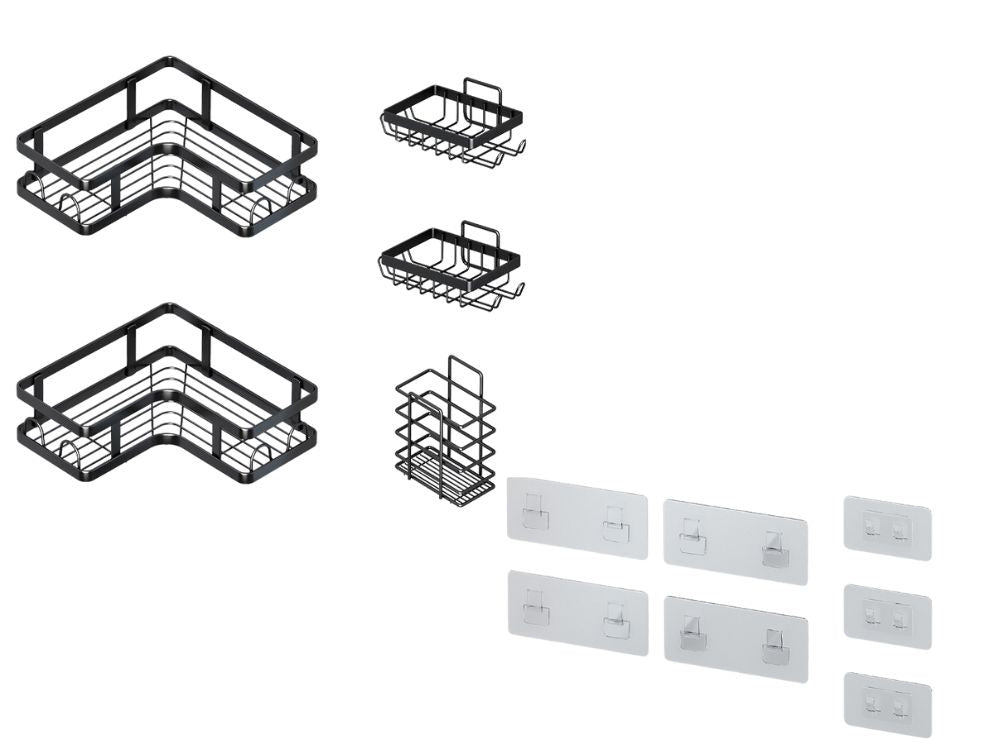 Vonios kambario komplektas 3 x vonios lentynos + 2 x pakabinamos vonios kambario lentynėlės