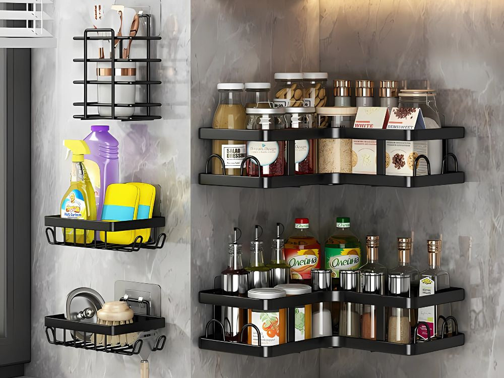 Vonios kambario komplektas 3 x vonios lentynos + 2 x pakabinamos vonios kambario lentynėlės