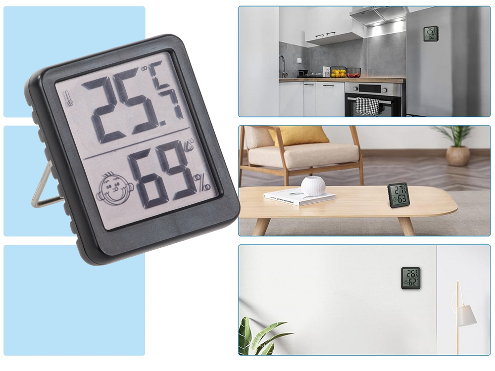 Skaitmeninis termometras mini oro stotis kambario higrometras baterija magnetas, Juoda, Szín, Fekete