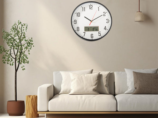 Sieninis laikrodis didelis tylus 30cm apvalus rodyklė data temperatūra mediena