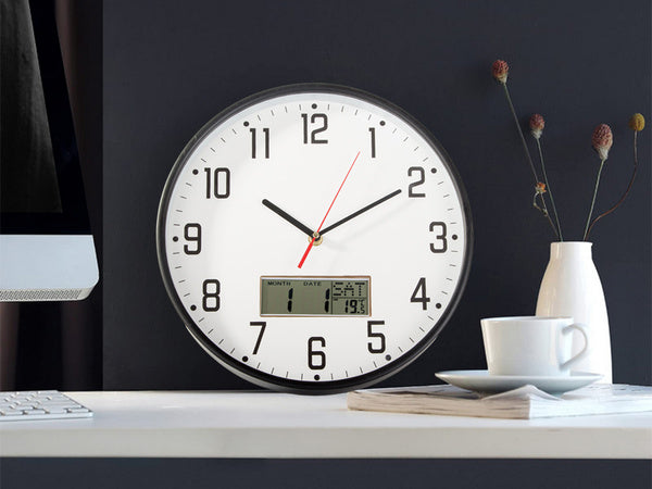 Sieninis laikrodis didelis tylus 30cm apvalus rodyklė data temperatūra mediena