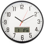 Sieninis laikrodis didelis tylus 30cm apvalus rodyklė data temperatūra mediena