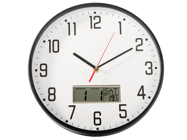 Sieninis laikrodis didelis tylus 30cm apvalus rodyklė data temperatūra mediena