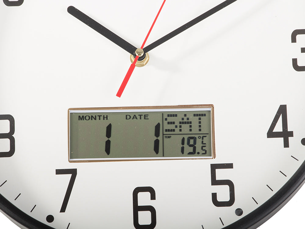 Sieninis laikrodis didelis tylus 30cm apvalus rodyklė data temperatūra mediena