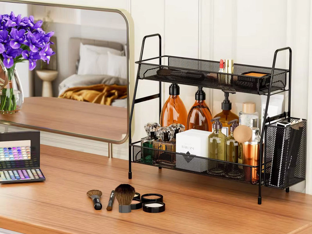 Virtuvės lentyna palėpėje virtuvės organizatorius dviejų aukštų stovas su krepšeliu, Juoda, Szín, Fekete