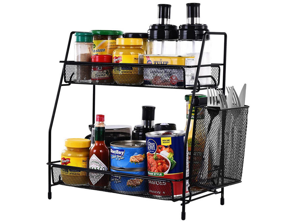 Virtuvės lentyna palėpėje virtuvės organizatorius dviejų aukštų stovas su krepšeliu, Juoda, Szín, Fekete