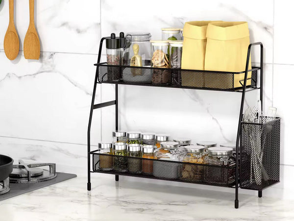 Virtuvės lentyna palėpėje virtuvės organizatorius dviejų aukštų stovas su krepšeliu, Juoda, Szín, Fekete
