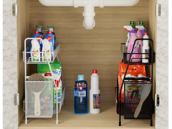 Virtuvės lentyna palėpėje virtuvės organizatorius dviejų aukštų stovas su krepšeliu, Juoda, Szín, Fekete