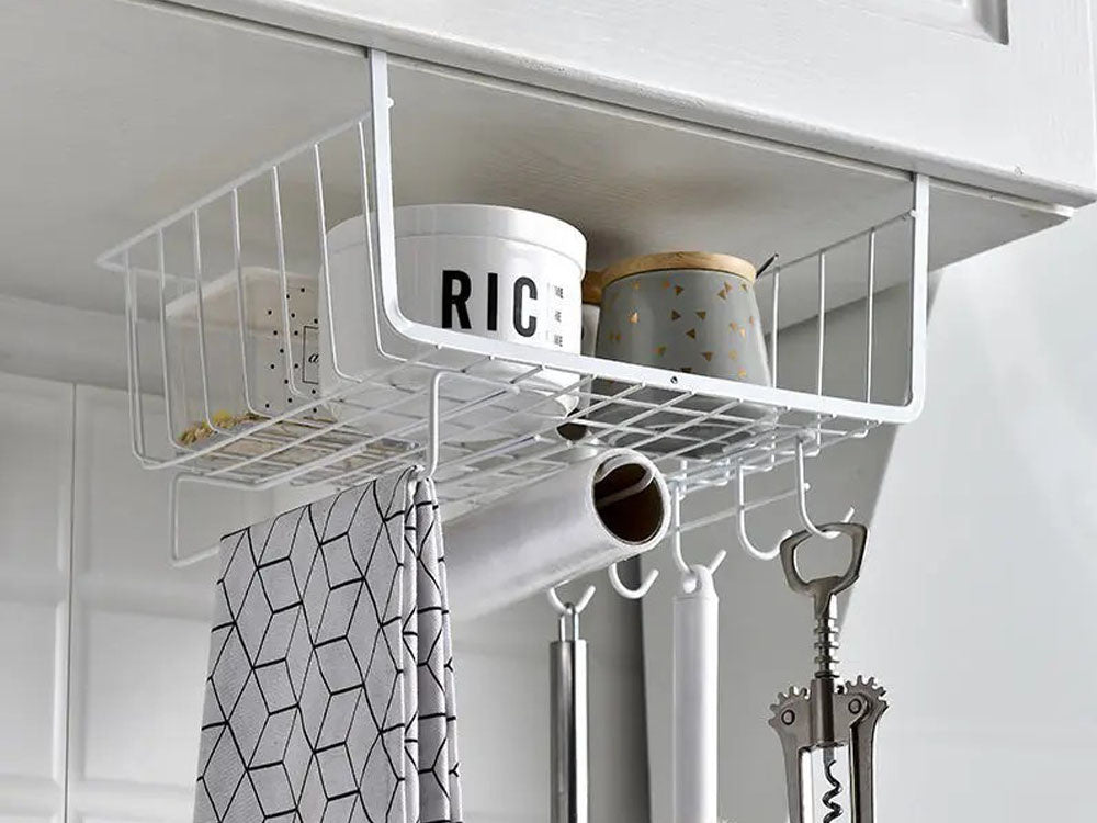 Metalinis krepšelis po spintelės viršumi 5 kabliukai popieriaus laikiklis, Baltas, Szín, Fehér