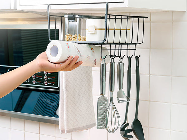 Metalinis krepšelis po spintelės viršumi 5 kabliukai popieriaus laikiklis, Juoda, Szín, Fekete