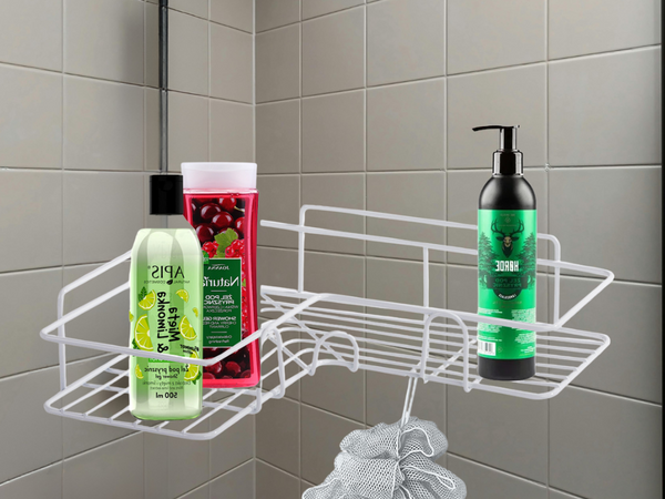 Palėpės kampinė vonios kambario dušo lentyna, kabanti ant kablio, balta, Baltas, Szín, Fehér