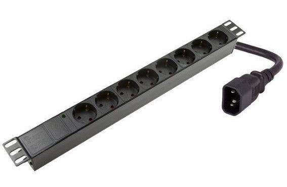 Maitinimo panelė spintai 19" (8x220V Schuko, įeinanti jungtis C14, plastikinis korpusas, 2m kabelis)
