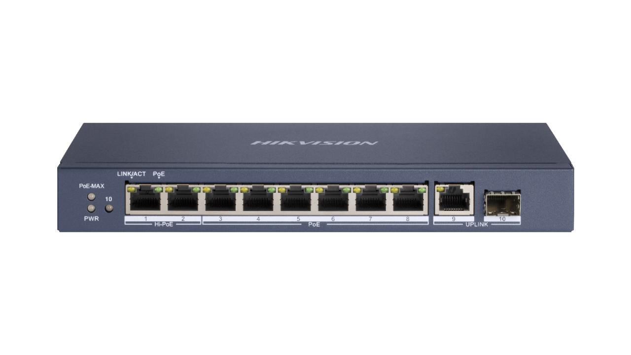 10 prievadų, 8 PoE prievadų komutatorius Hikvision DS-3E0510HP-E