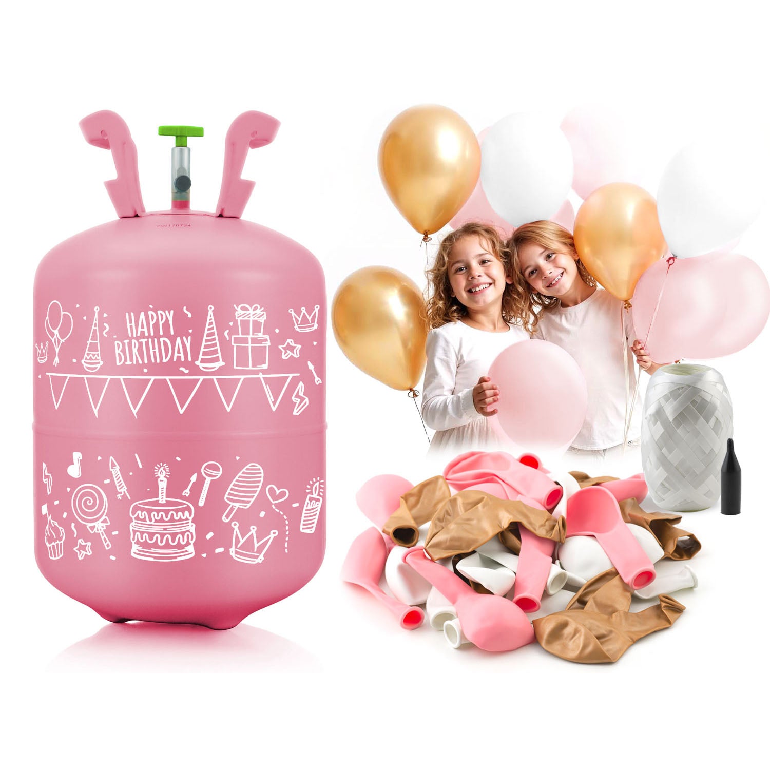 0,20 m3 heleno buteliukas su balionais ir Ricokids juosta