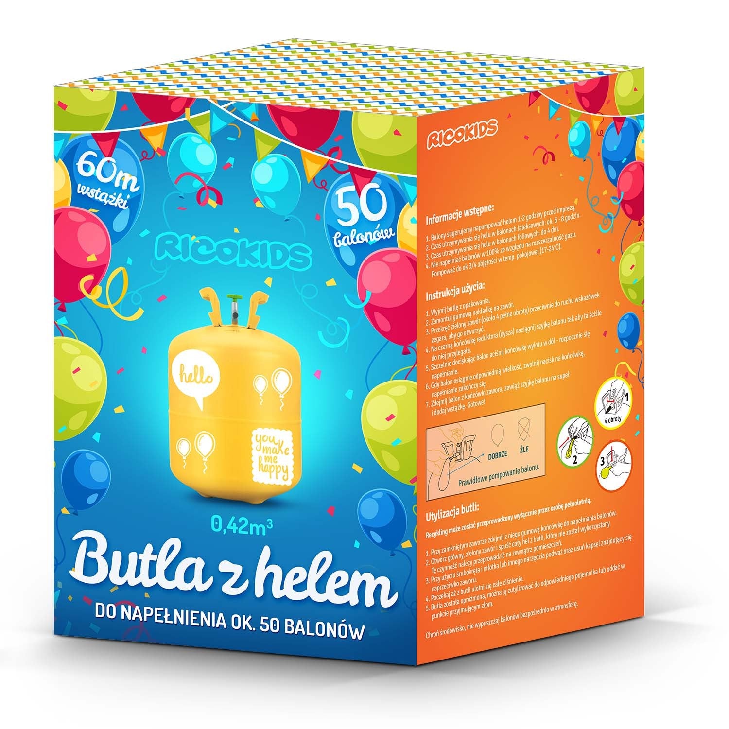 0,42 m3 heliumo butelis su balionais ir Ricokids juosta