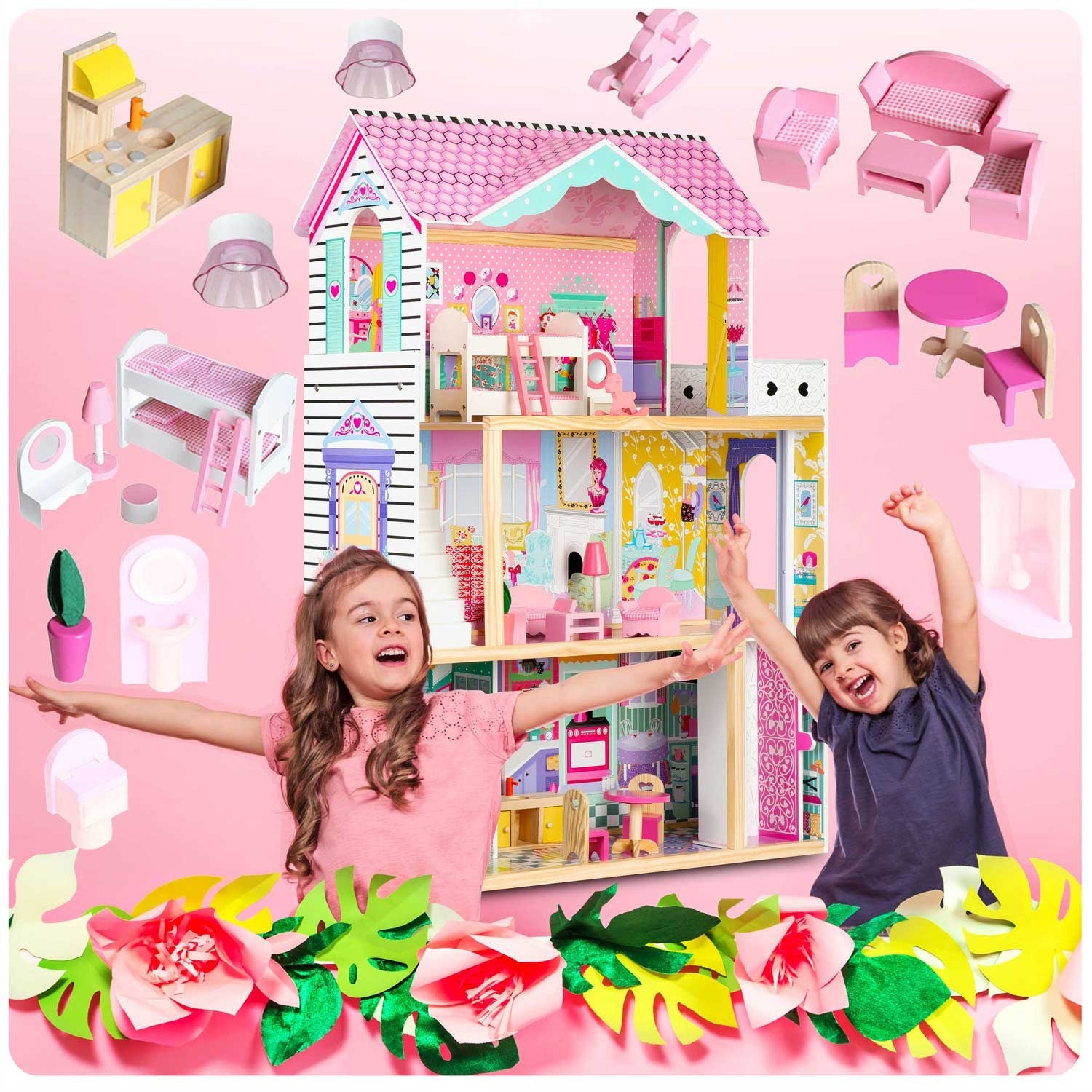 Didelis trijų aukštų medinis lėlių namas su liftu ir LED lempa