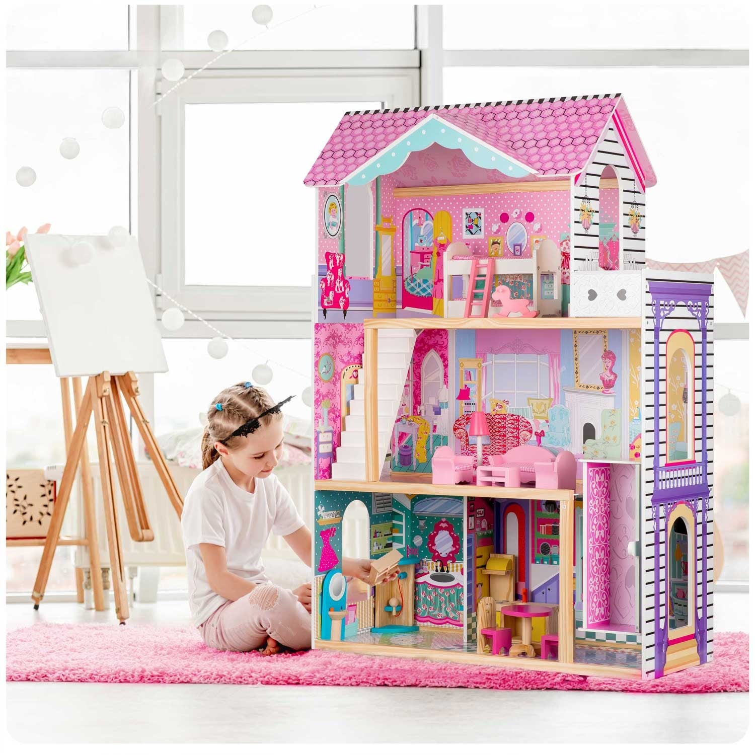 Didelis trijų aukštų medinis lėlių namas su liftu ir LED lempa