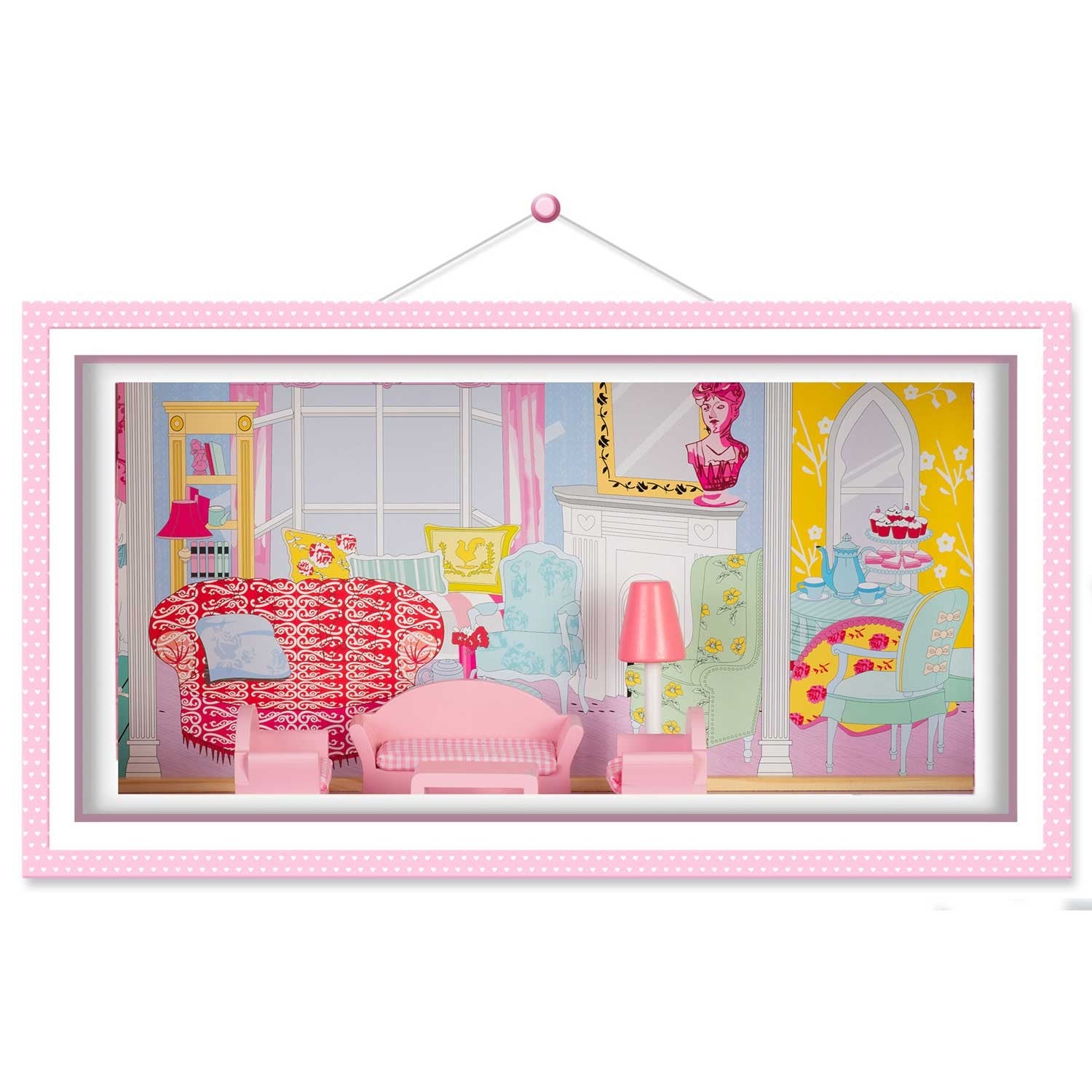 Didelis trijų aukštų medinis lėlių namas su liftu ir LED lempa