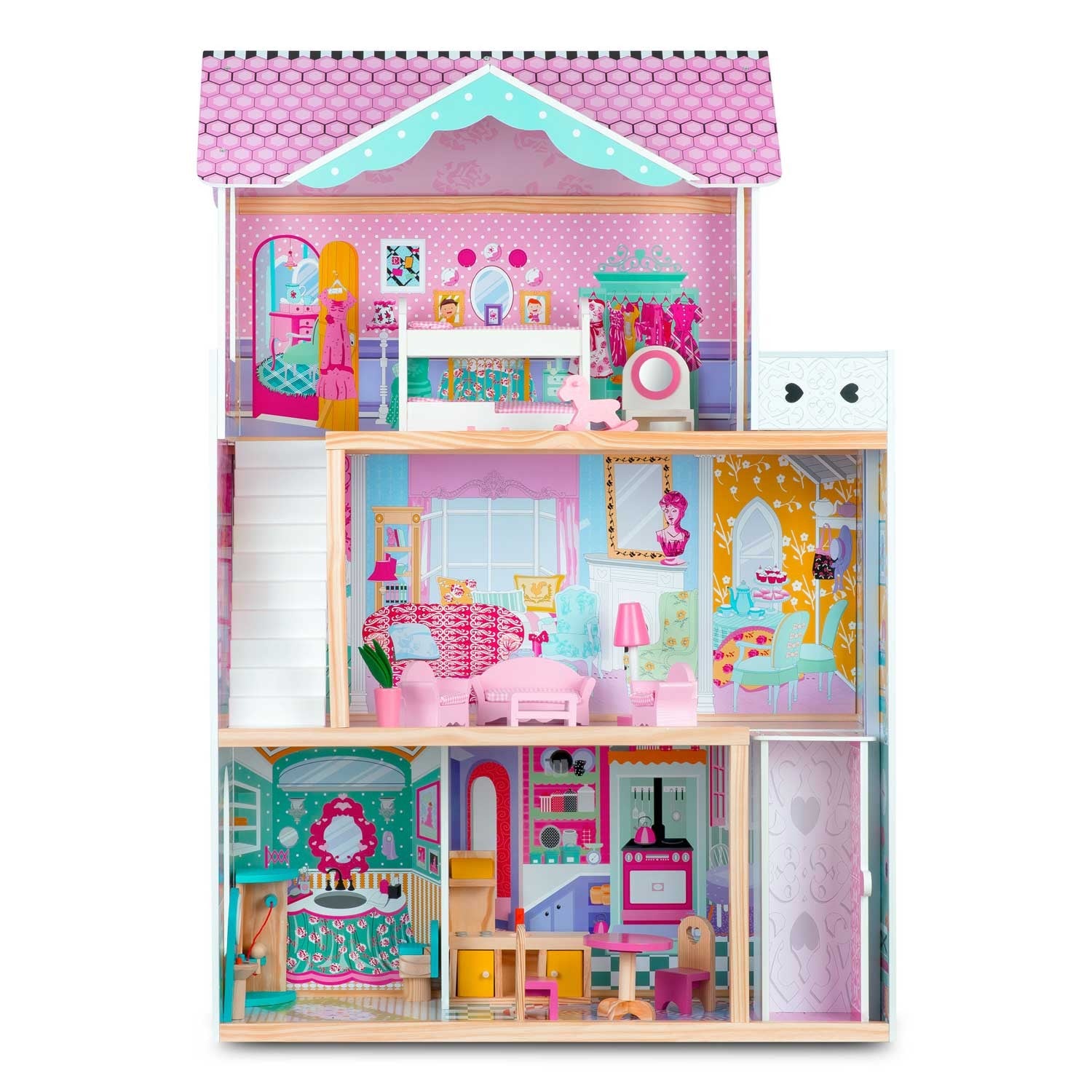 Didelis trijų aukštų medinis lėlių namas su liftu ir LED lempa