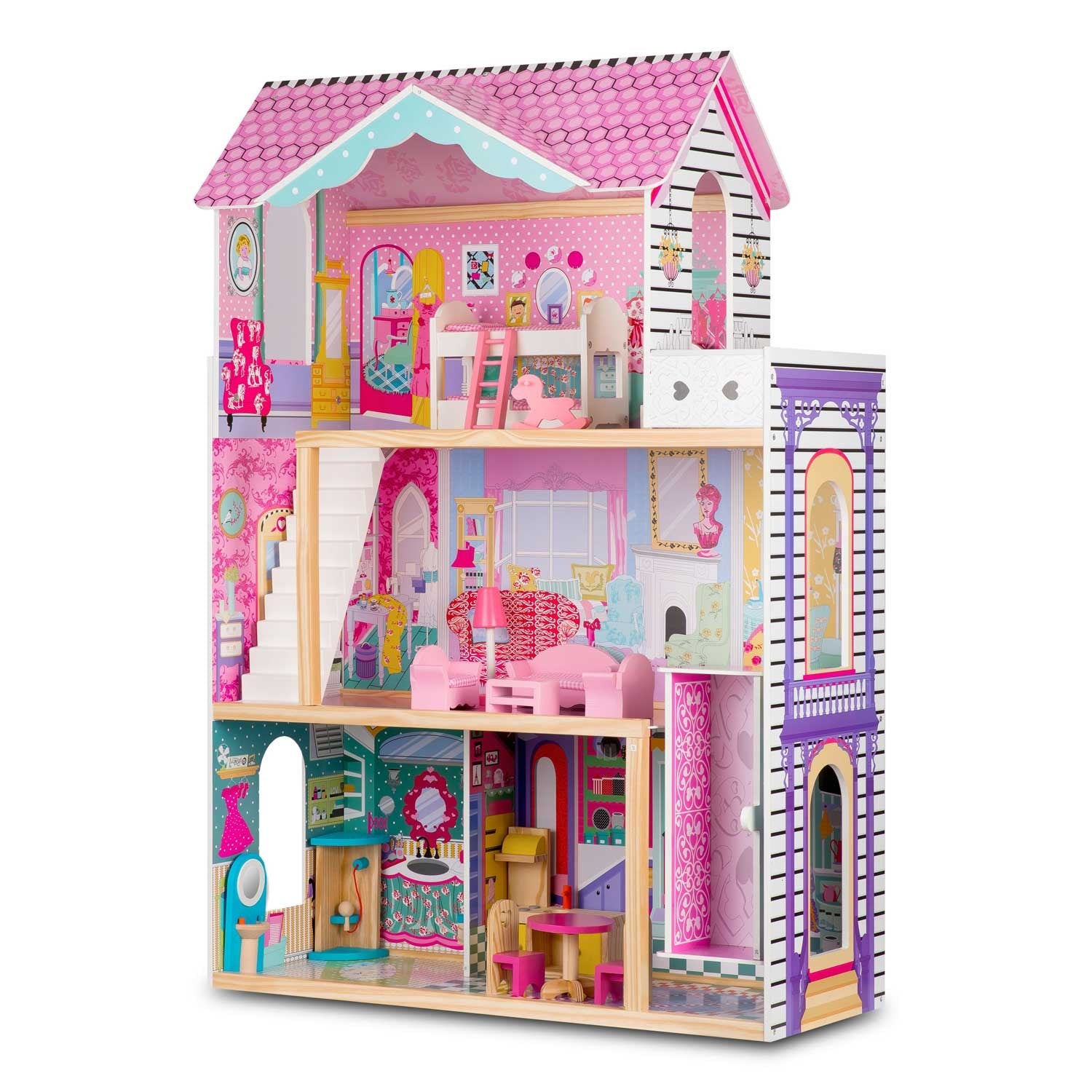 Didelis trijų aukštų medinis lėlių namas su liftu ir LED lempa