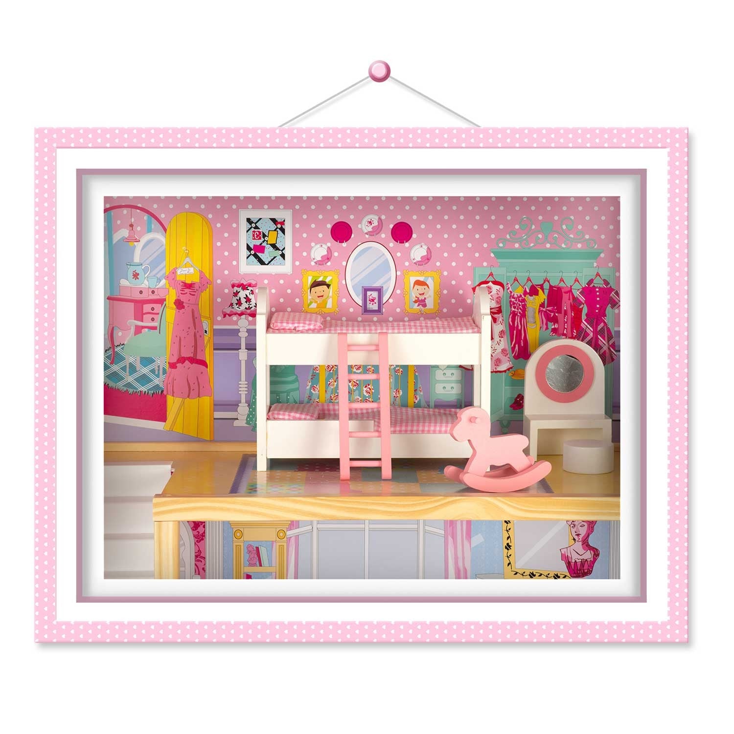 Didelis trijų aukštų medinis lėlių namas su liftu ir LED lempa