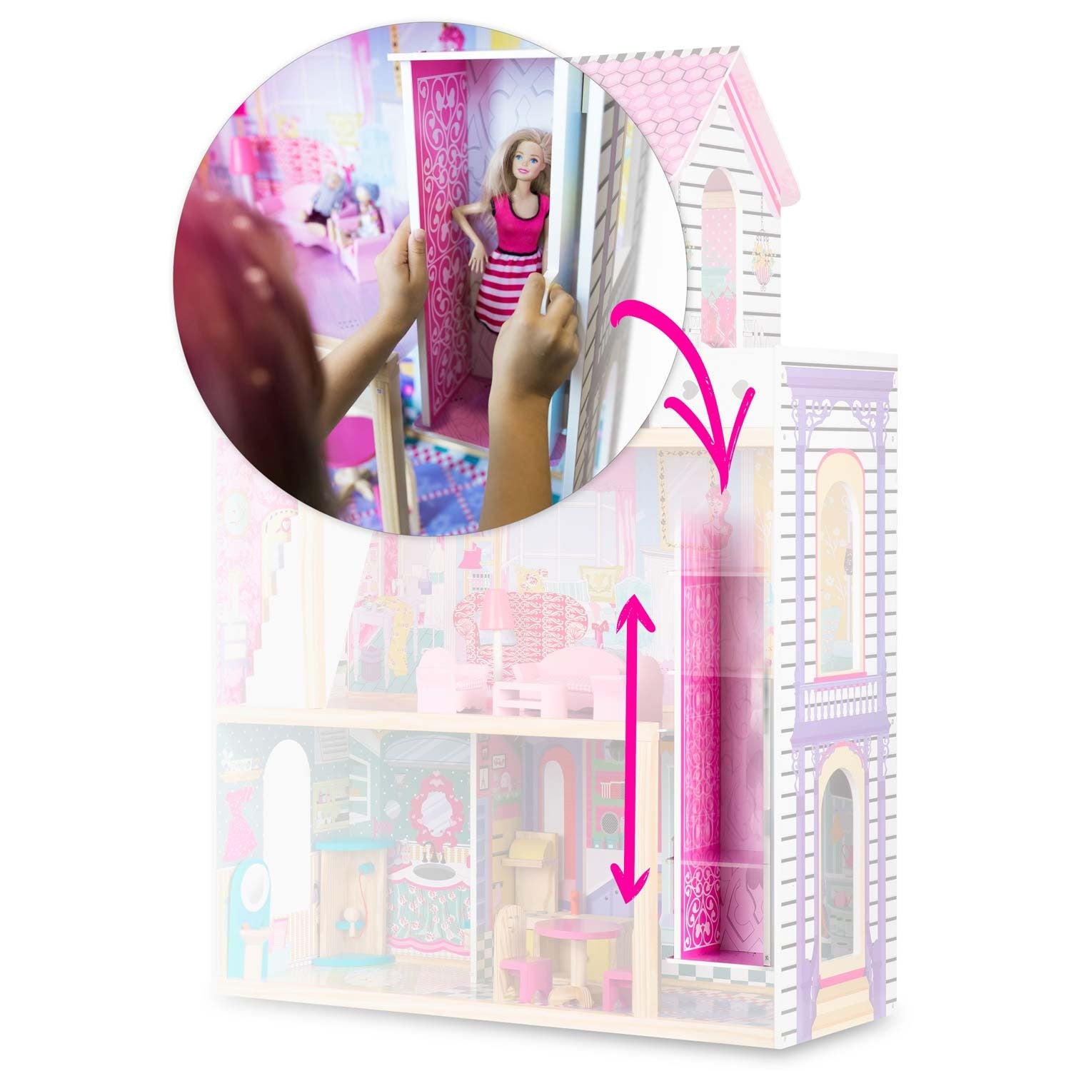 Didelis trijų aukštų medinis lėlių namas su liftu ir LED lempa