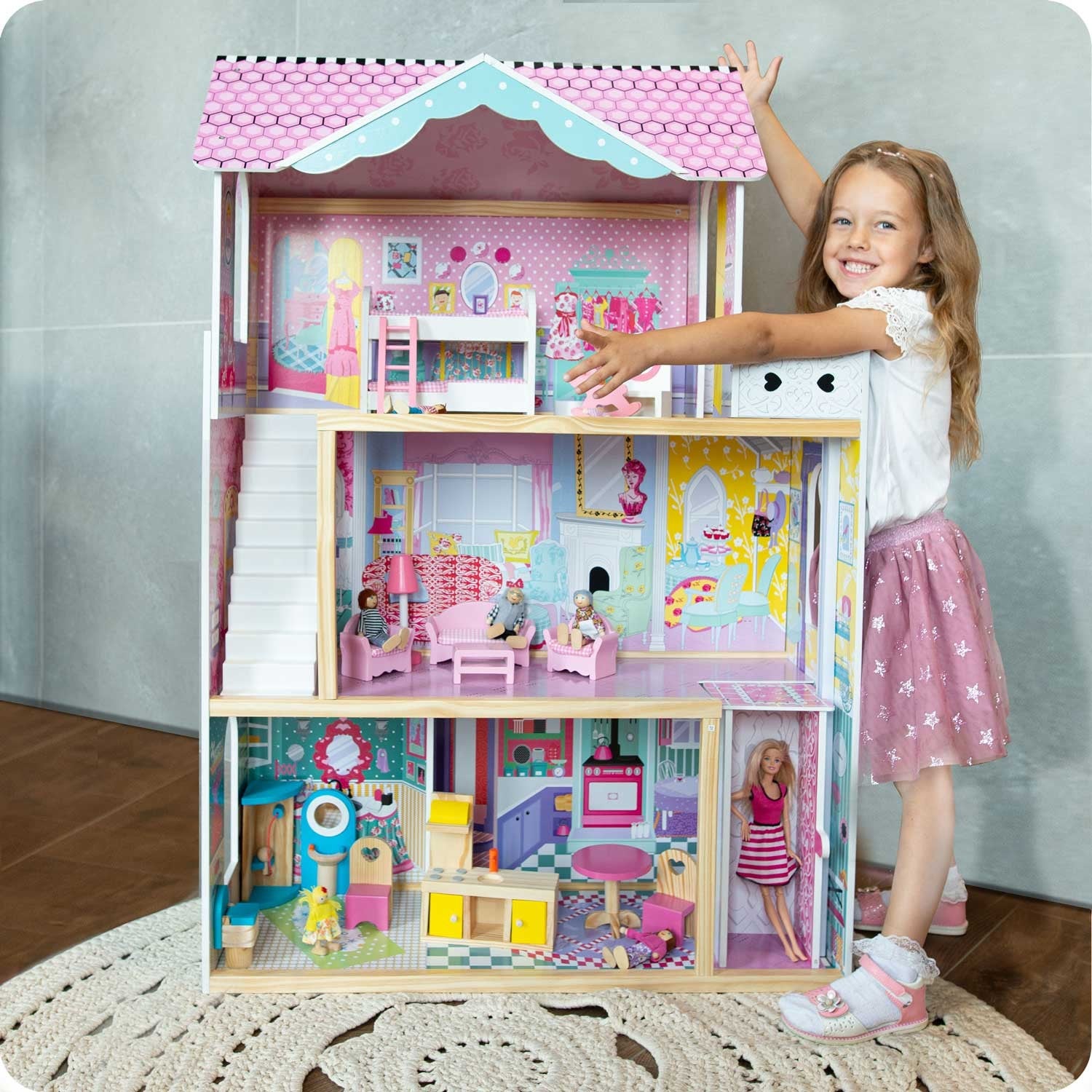 Didelis trijų aukštų medinis lėlių namas su liftu ir LED lempa