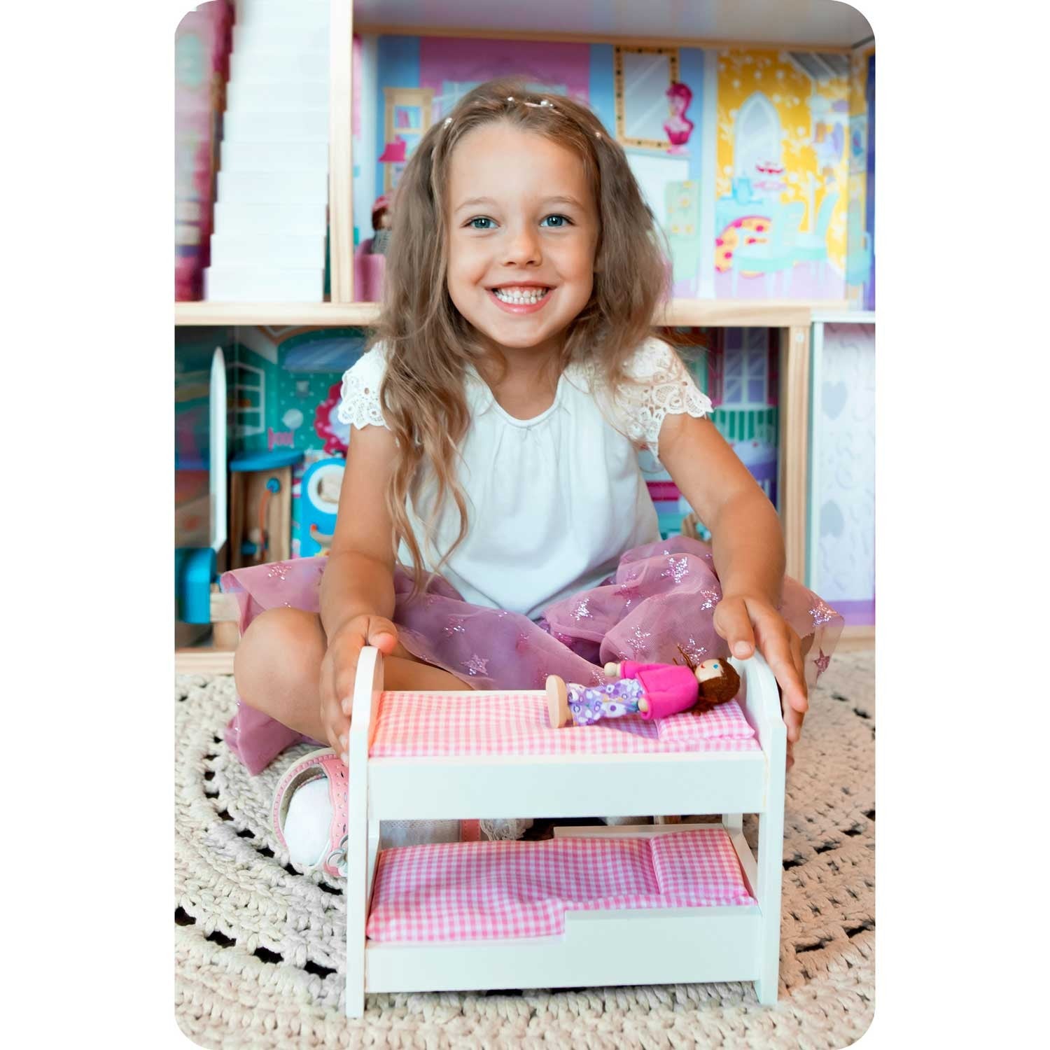 Didelis trijų aukštų medinis lėlių namas su liftu ir LED lempa